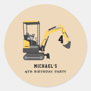 Adesivo Redondo Excavator Construção 4º Aniversário Personalizado