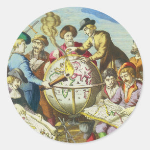 Adesivo Redondo Exploradores Vintage com Mapa do Globo Antigo, 154