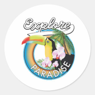 Adesivo Redondo Explore o cartoon de logotipo do Viagem do Paradis