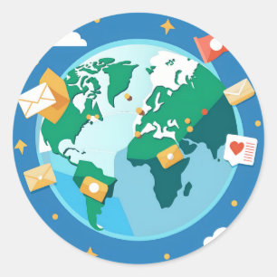 Adesivo Redondo Explore o mapa mundial com cartões postais voando