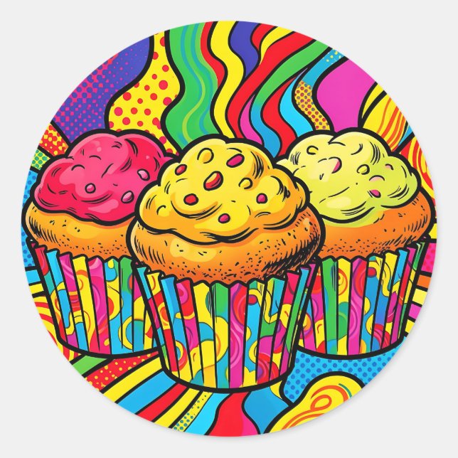 Adesivo Redondo Explosão de Cupcakes de Arco-Íris da Pop Art (Frente)