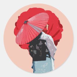 Adesivo Redondo Expressivo Vermelho Kimono Japonês Arte Digital