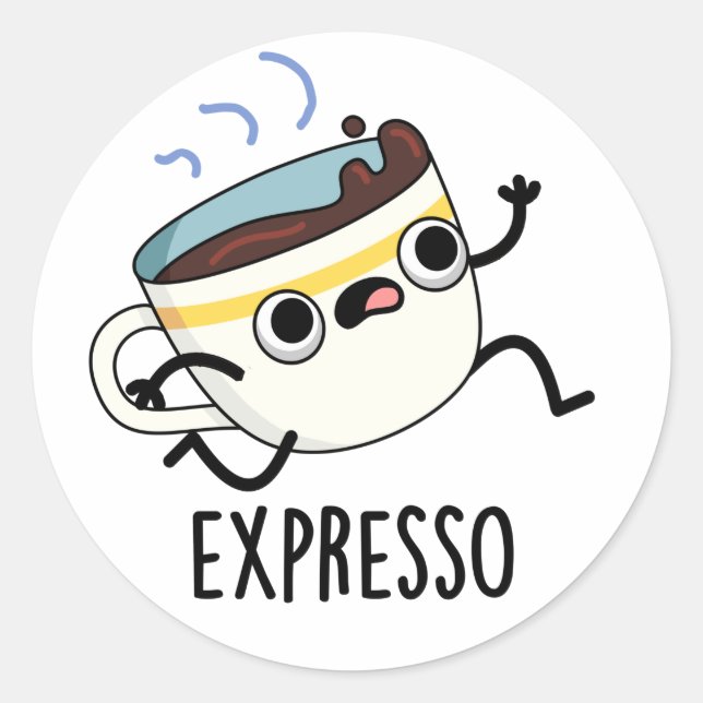 Adesivo Redondo Expresso Funny Executando Café Pun (Frente)