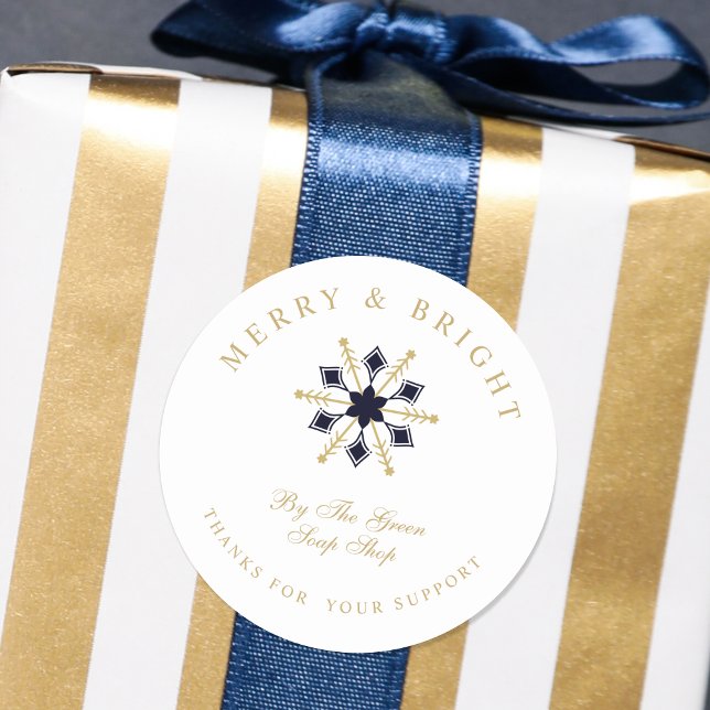 Adesivo Redondo Exquisite Christmas Navy & Gold Snowflake Thanks (Exquisite Christmas Navy & Gold Snowflake Thanks Classic Round Sticker.)
