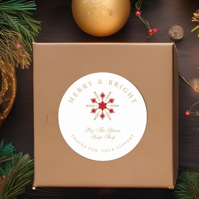 Adesivo Redondo Exquisite Christmas Red & Gold Snowflake Thanks  (Exquisite Christmas Red & Fake Gold Snowflake Thanks for Business Classic Round Stickers. )
