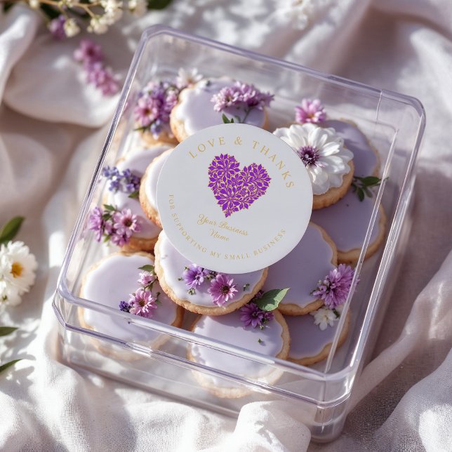 Adesivo Redondo Exquisite Floral Gorgeous Purple and Gold Effect  (Exquisite Round Stickers with Floral Design in Purple and Gold Effect with the Phrase Love & Thanks.)
