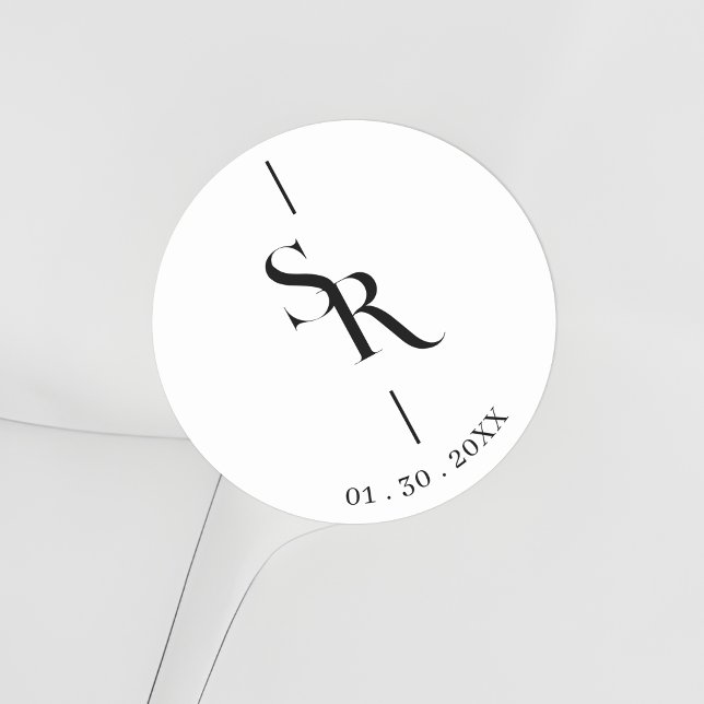 Adesivo Redondo Exquisite Minimalist Black & White Initials (Exquisite Minimalist Black & White Wedding Initials Classic Round Sticker. )