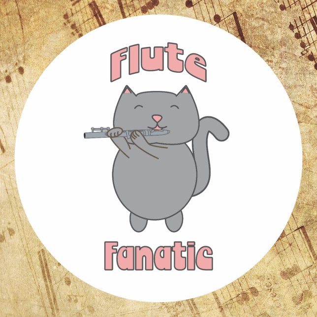 Adesivo Redondo Fã de Flauta Rosa Gato Cinza (A sticker featuring a gray cat playing the flute & the words flute fanatic in pink.)