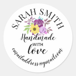 Adesivo Redondo Fabricado à mão com nome de empresa amorosa floral