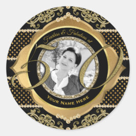 Adesivo Redondo Fabuloso na Foto Preta de 50 Diamantes Dourados