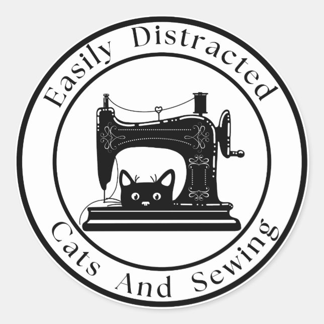 Adesivo Redondo Facilmente Distraído Por Gatos E Costura (Frente)