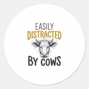 Adesivo Redondo Facilmente Distraído Por Vacas Camisa Engraçada Pa