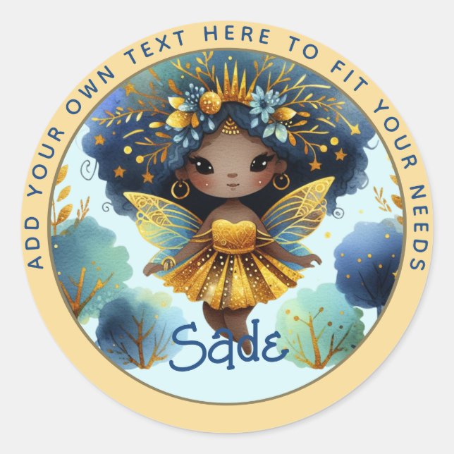 Adesivo Redondo Fada Africana Aniversário Teal Dourada Pink Prince (Frente)