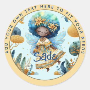 Adesivo Redondo Fada Africana Aniversário Teal Dourada Pink Prince