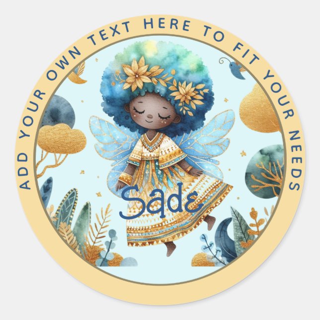 Adesivo Redondo Fada Africana Aniversário Teal Dourada Pink Prince (Frente)