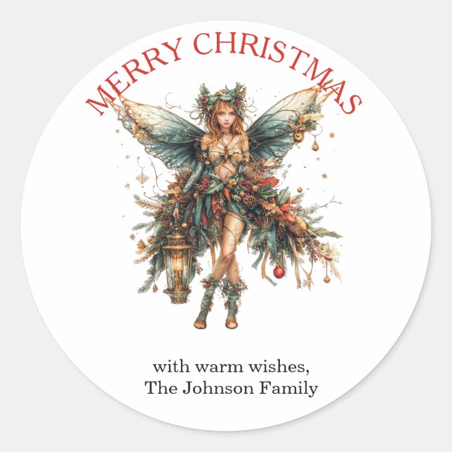 Adesivo Redondo Fada de Férias Elegante com Lanterna no Natal (Frente)