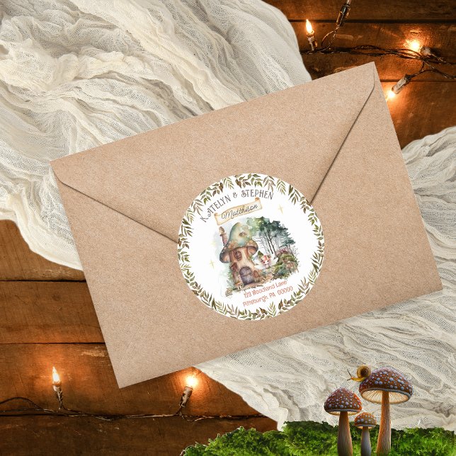 Adesivo Redondo Fada De Madeira Animais De Cogumelos Endereço De R (Fairy First Woodland Animals Mushrooms Girl's 1st Birthday Party Round Return Address Envelope Seal.)