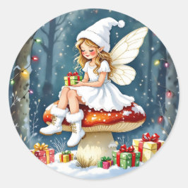 Adesivo Redondo Fada de Natal Adorável em um Cogumelo