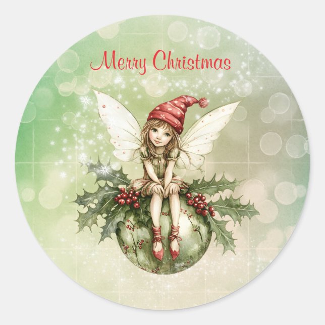 Adesivo Redondo Fada de Natal Gelada em Ornamento (Frente)