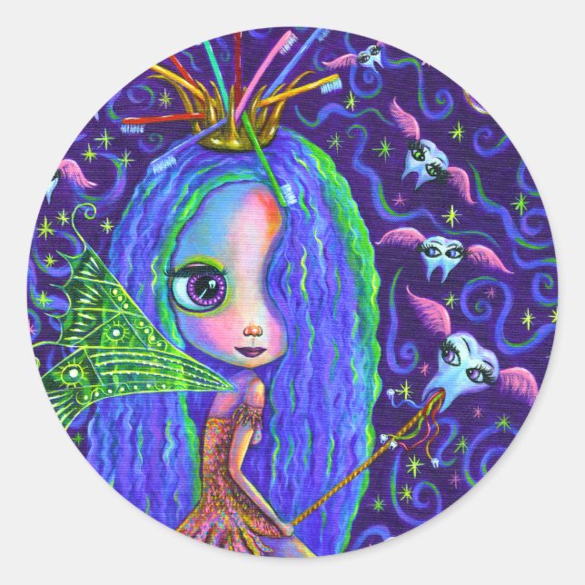 Adesivo Redondo Fada dos dentes com escova de dentes e dentes com  (Frente)