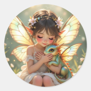 Adesivo Redondo Fada e Dragão Chibi Conto de Fadas Anime