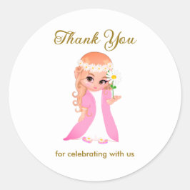 Adesivo Redondo Fada & Flores em Branco Obrigada