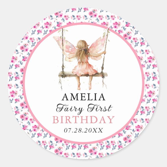 Adesivo Redondo Fada Primeira Aquarela primeiro aniversario Floral (Frente)