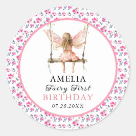 Adesivo Redondo Fada Primeira Aquarela primeiro aniversario Floral