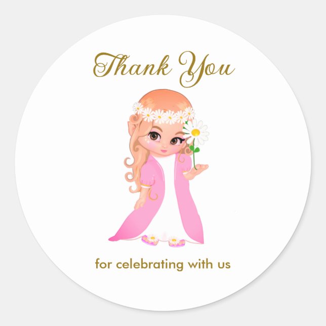 Adesivo Redondo Fadas e Flores de Branco Obrigado (Frente)