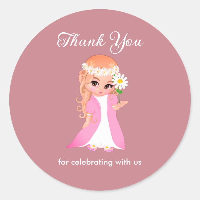 Adesivo Redondo Fadas e flores no Rosa Dourado Obrigado (Frente)