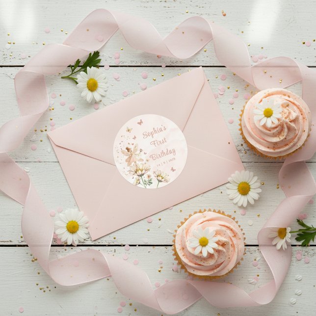 Adesivo Redondo Fairy Garden Girl Birthday Party (Criador carregado)