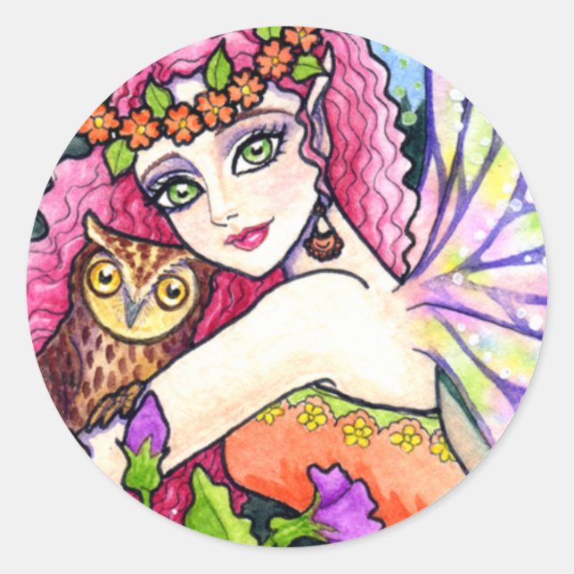 Adesivo Redondo Fairy & Owl Stickers by Ann Howard (Frente)