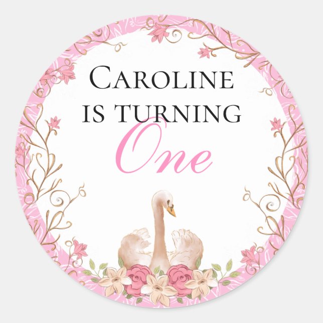 Adesivo Redondo Fairytale Swan Floral Rosa Noivo (Frente)