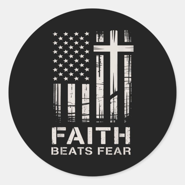 Adesivo Redondo Faith Beats Fear American Flag Christian Cross  (Frente)