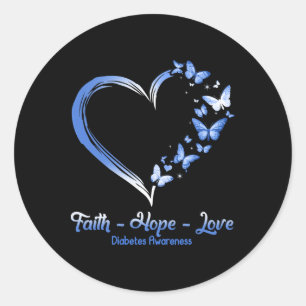 Adesivo Redondo Faith Hope ama Diabetes Sensibilização Borboleta d
