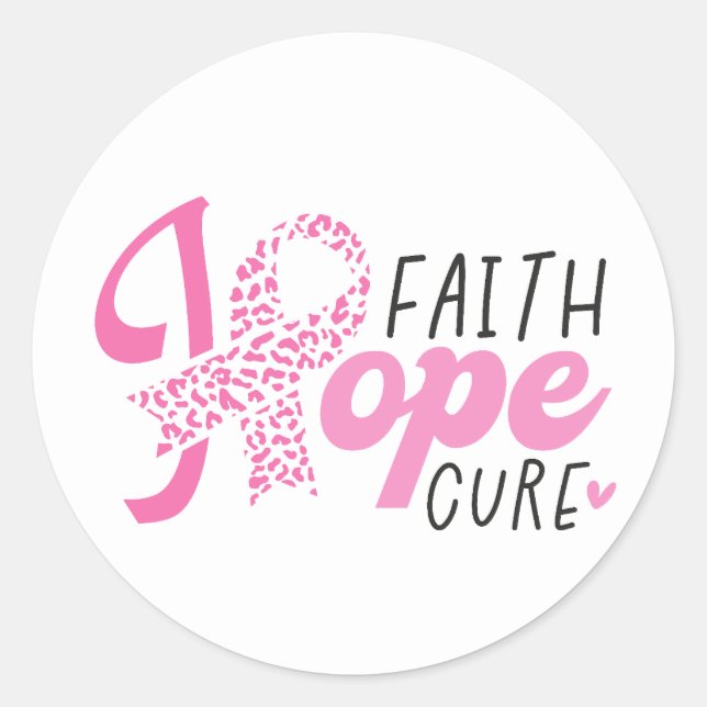 Adesivo Redondo Faith Hope Cure Breast Cancer Pink Ribbon (Frente)