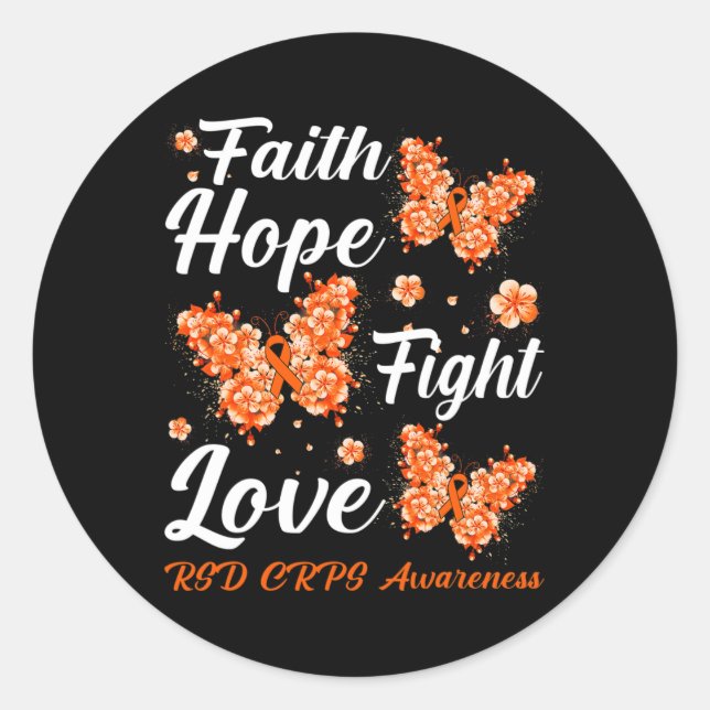 Adesivo Redondo Faith Hope Fight Love RSD CRPS Awarness Butterfly (Frente)