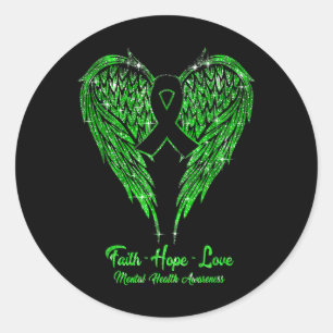 Adesivo Redondo Faith Hope Love Wings Ribbon Green Mental Health A