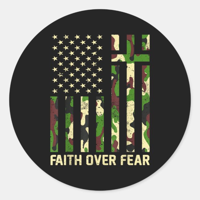 Adesivo Redondo Faith Over Fear Christian Americn Flag Camouflage  (Frente)