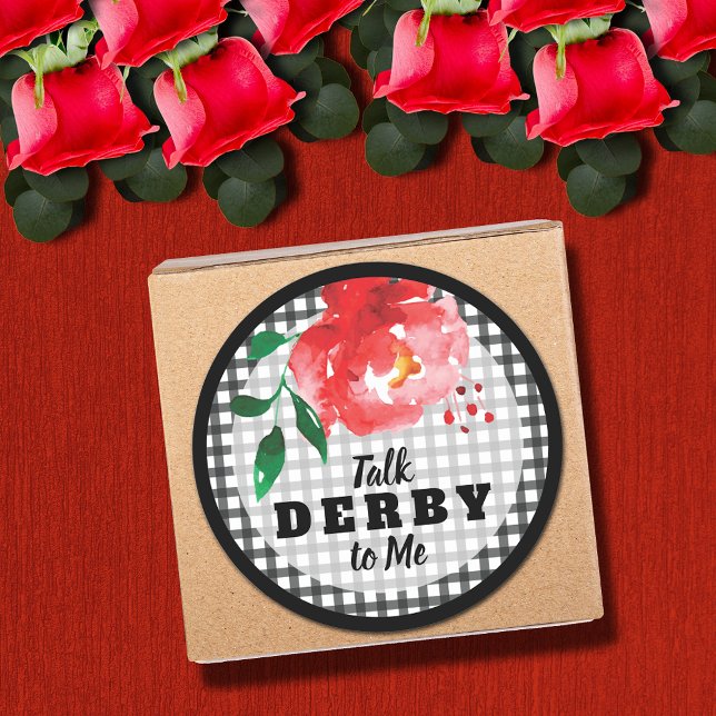 Adesivo Redondo Fale Derby para Mim Rosa em Gingham (Talk Derby to Me red rose on black and white gingham round stickers)