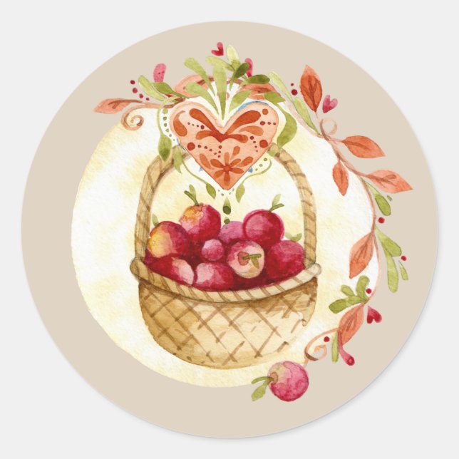 Adesivo Redondo Fall Apple Basket Gift Floral Stickers Seals (Frente)