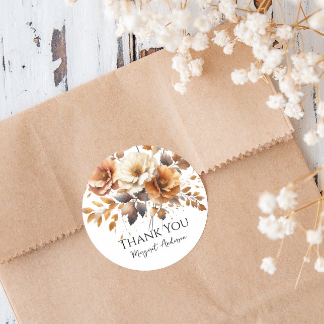 Adesivo Redondo Fall Brown Floral Elegante Personalizado Obrigado (Personalized Fall Brown Floral Elegant Thank You Sticker for Birthday Party or other occasions.)