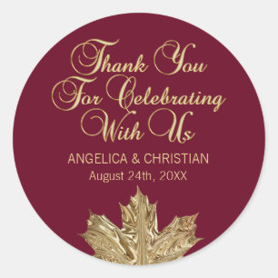 Adesivo Redondo Fall Burgundy Dourado Maple Leaf Obrigado Casament