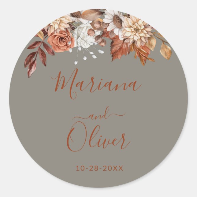 Adesivo Redondo Fall Floral Cinza Envelope Selos (Frente)