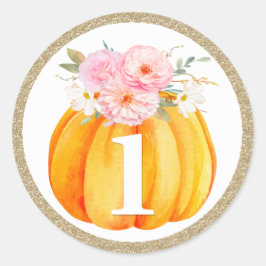 Adesivo Redondo Fall Floral Pumpkin Baby Girl's primeiro aniversar