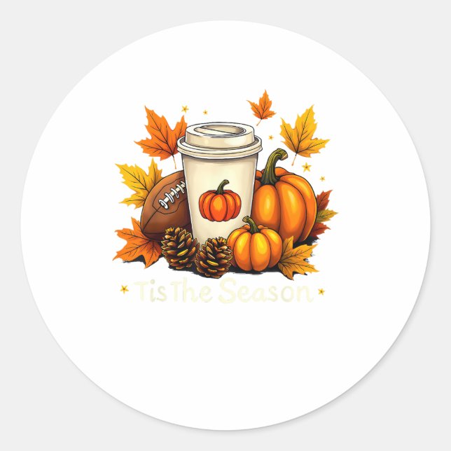Adesivo Redondo Fall Football Tis The Season Pumpkin Autumn Coffee (Frente)
