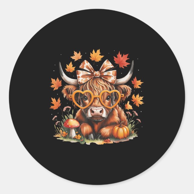 Adesivo Redondo Fall Highland Cow Pumpkin Bow Thanksgiving Fall Gi (Frente)