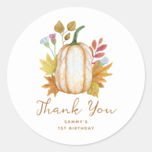 Adesivo Redondo Fall Pumpkin Floral Birthday Obrigado