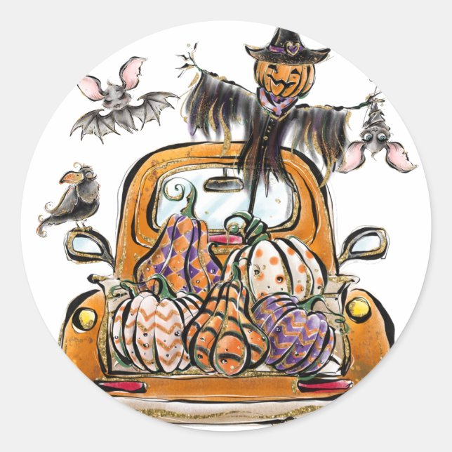 Adesivo Redondo Fall Pumpkin Patch Truck with bats scarecrow bird  (Frente)