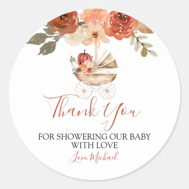 Adesivo Redondo Fall Pumpkin Stroller Floral Baby Shower Thank You (Frente)
